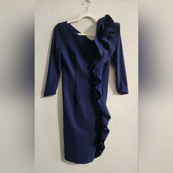 Rickie Freeman for Teri Jon Women’s Side Ruffle Asymmetric Navy Dress size 4 - Picture 1 of 7